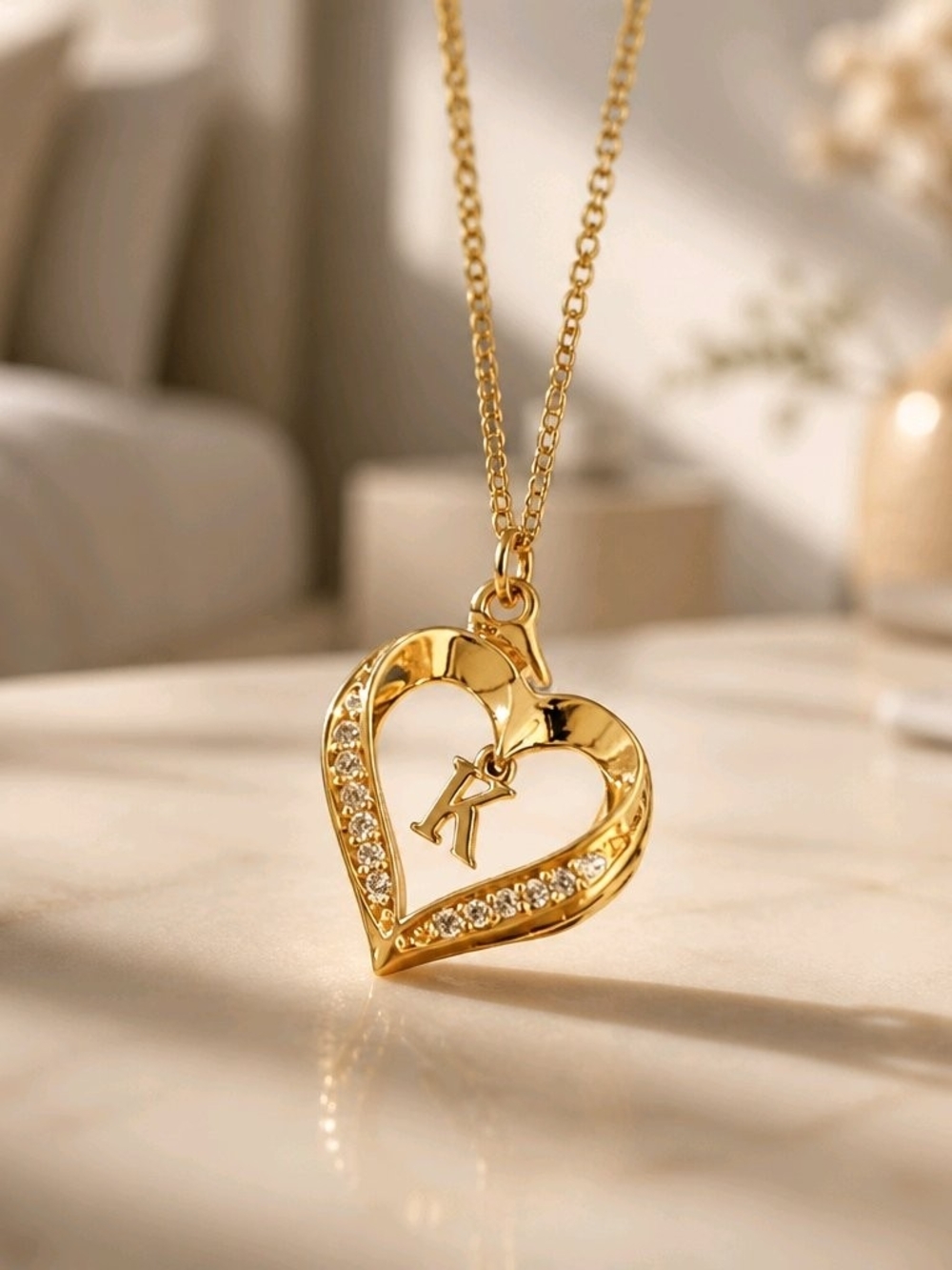 Gold Heart Pendant Necklace with Initial K Charm